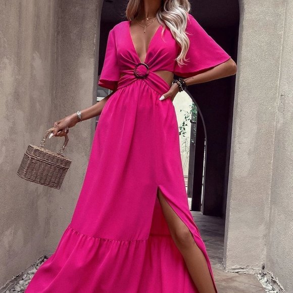 Plunging Neck Tie Backless Ruffle Hem Split High Dress - pink - Picture 2 of 5